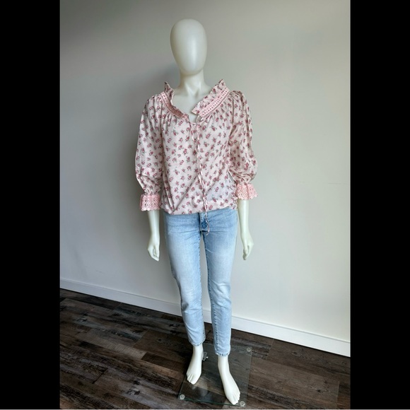 NWT ALBERTA FERETTI $498 Pink Cotton Rose Print Peasant Blouse Lace Italy D&G - Picture 2 of 10